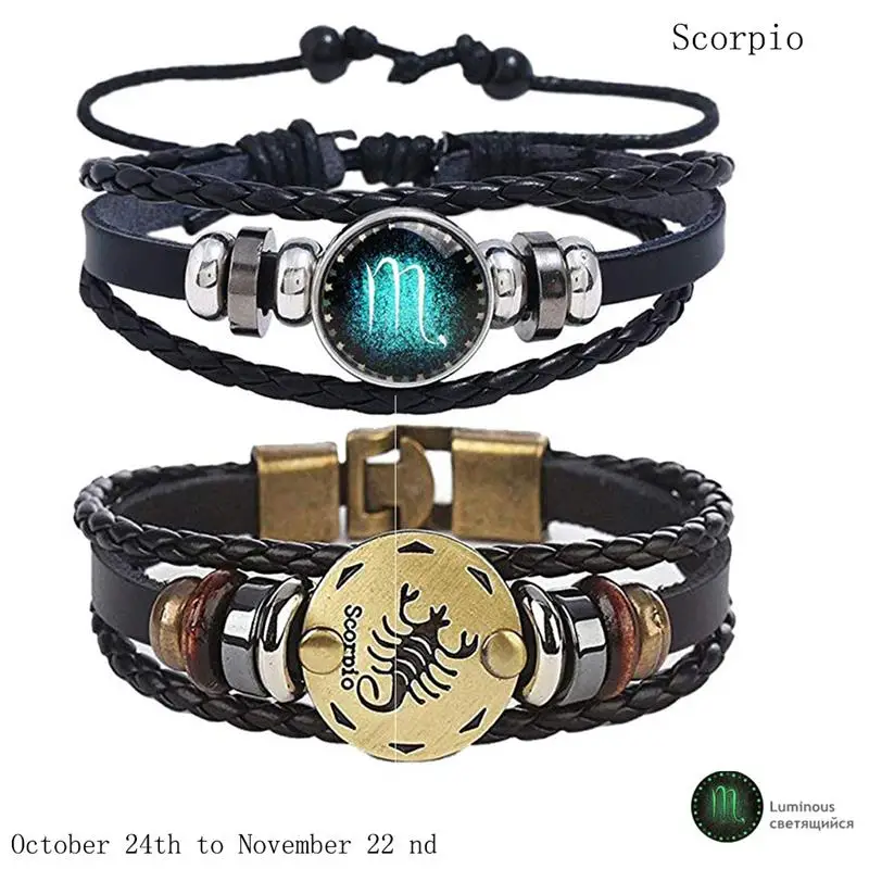 Scorpio 2 шт./компл. 12 созвездий Браслеты световой кожаный браслет гороскоп плетеный браслет Для мужчин Для женщин ювелирные изделия наручные часы подарок - Окраска металла: Scorpio