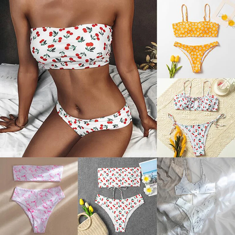 

Милый студенческий купальник-бикини с принтом вишни, комплект купальников без бретелек, Раздельный купальник для девушек
