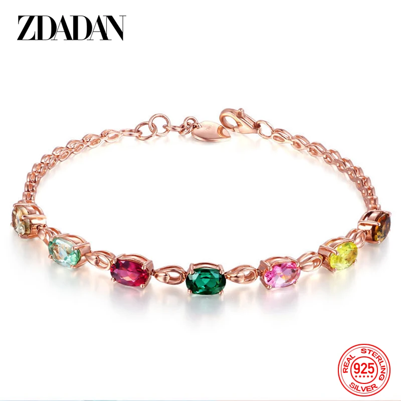 

ZDADAN 925 Sterling Silver Bracelets Rainbow Colorful Zircon Bracelet Chain For Women Wedding Party Jewelry