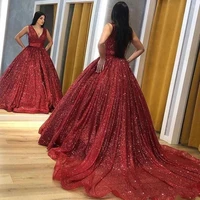 shinning burgundy sequined prom dresses long deep v neck pleats ball gown evening dress sleeveless celebrity party gowns