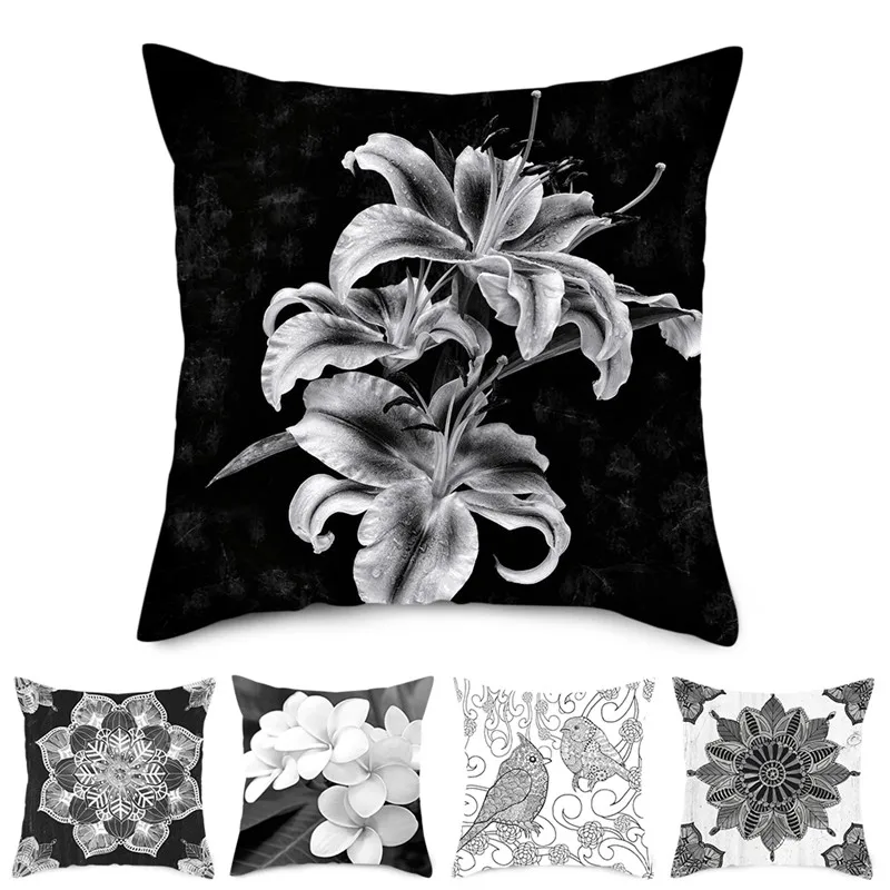 Чехол на подушку с цветочным принтом Fuwatacchi серый черный Цветочный фото чехлы для