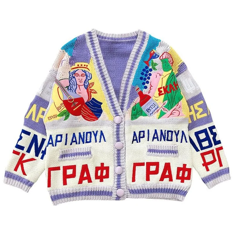 

LACIBLE Harajuku Cardigan Knit Coats Knitted Sweater Pullover Vintage Graffiti Embroidery Sweater Streetwear Jacket Oversized