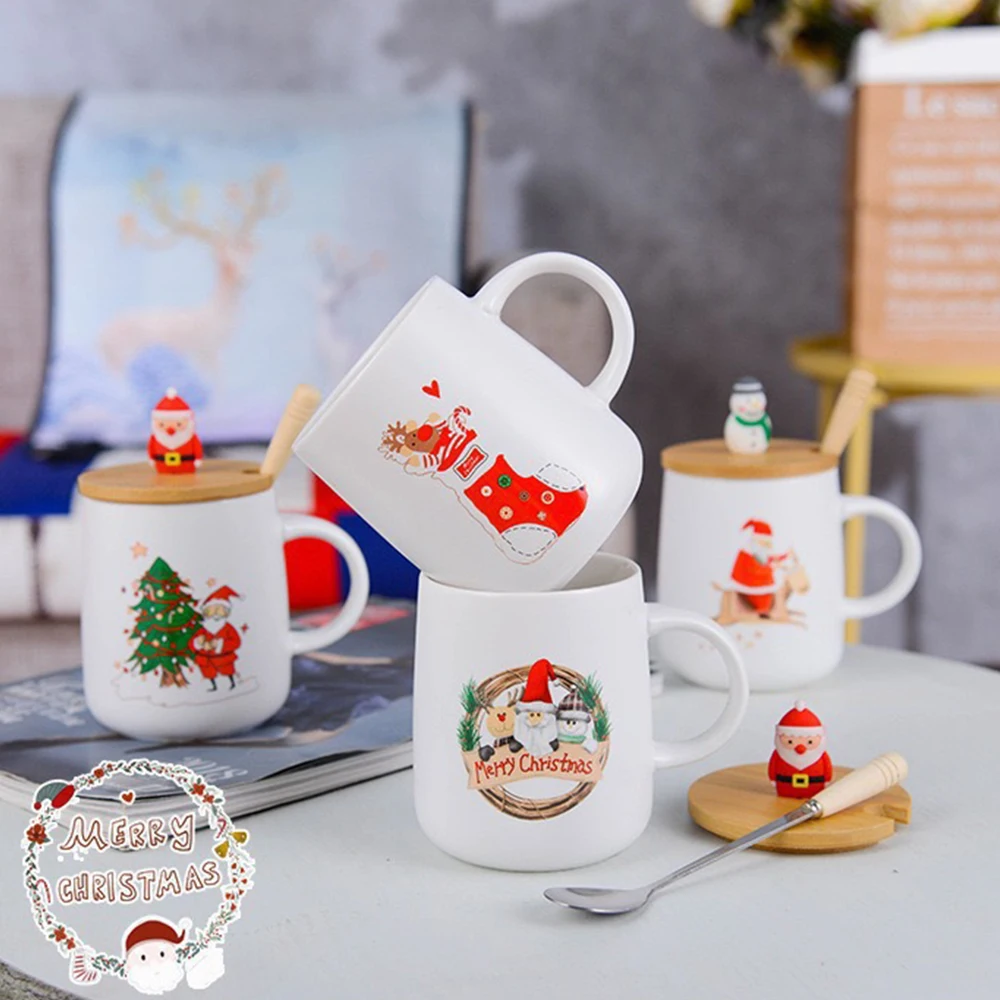 

500ml Christmas Mugs Creative Ceramic Mugs Cute Creative Christmas Gifts Spoons With Wooden Lids Suitable For Christmas Home Cup