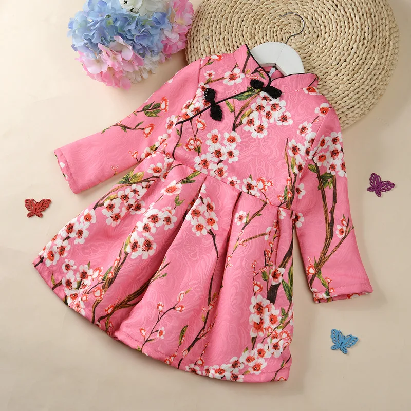 

Fancy Childhood Children Clothes Long Sleeve Plaid Floral Printed Toddler Girl Dresses Chinese New Year Costumes for Kids