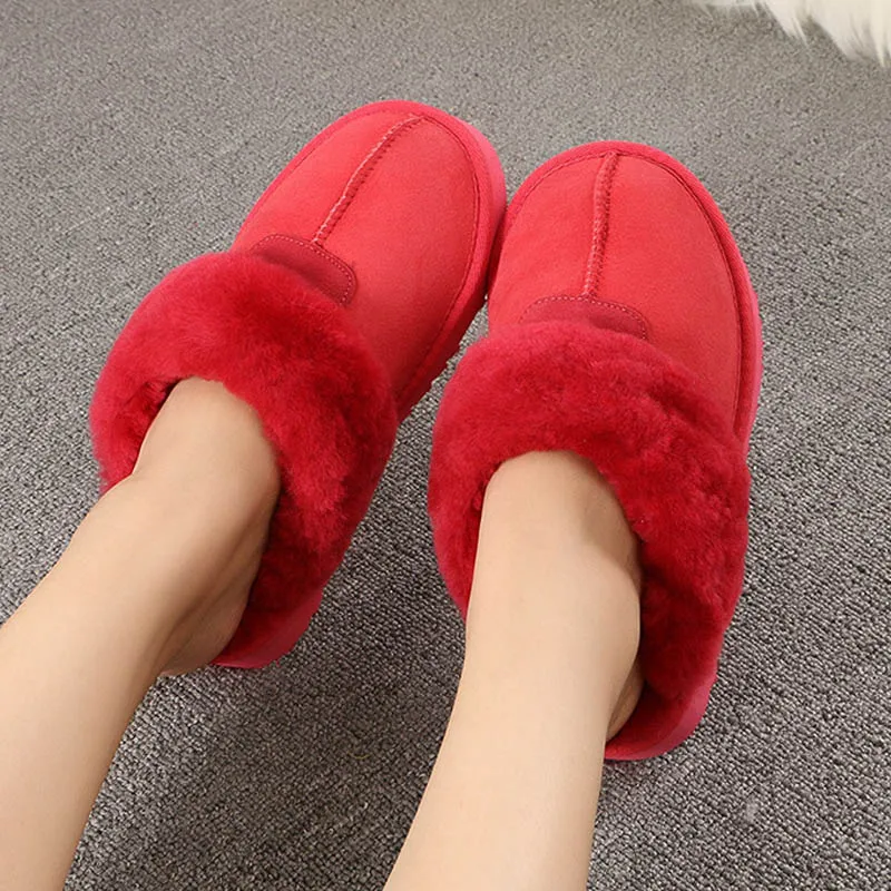 Red Тапочки с натуральным овечьим мехом; Модные женские зимние тапочки; женские теплые домашние тапочки наивысшего качества из мягкой шерсти; женская домашняя обувь - Цвет: Red