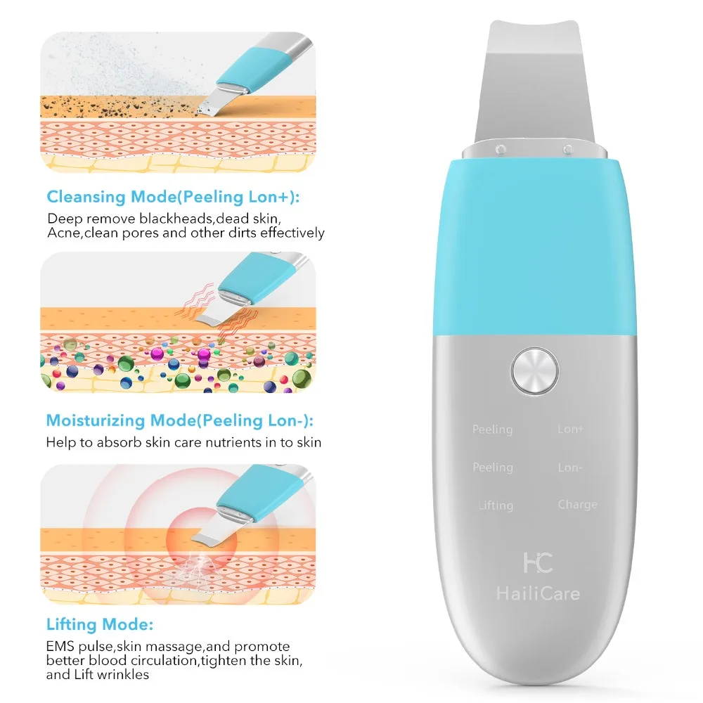 HailiCare Facial Skin Scrubber Blackhead Remover Ultrasonic Pore Cleansing Device Comedone Extractor Facial Lifting Tool