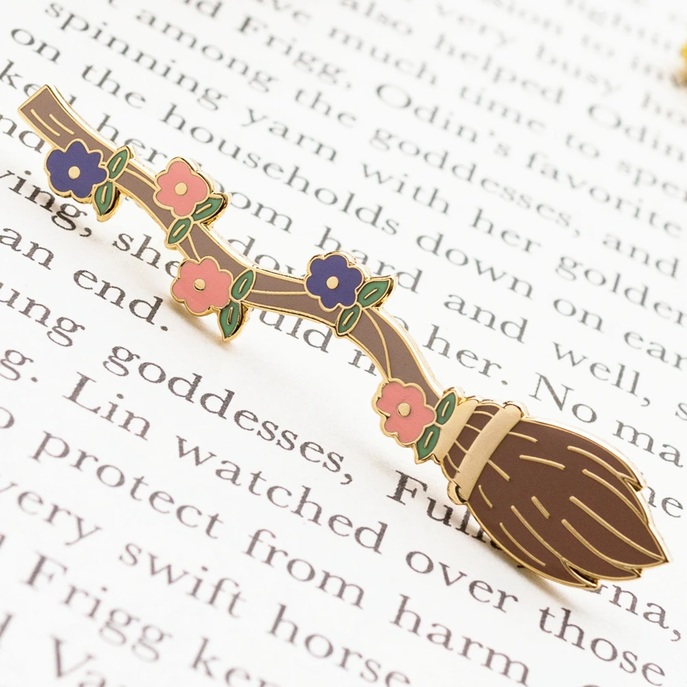 

Kawaii Magic Broom Hard Enamel Pin Fashion Pastel Plant Medal Brooch Cartoon Pink Flowers Purple Flowers Lapel Pins Jewelry Gif