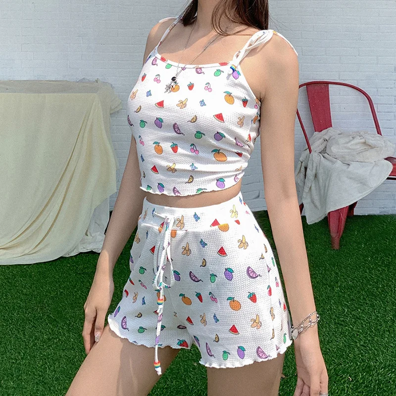 FASHSTREET Cute Fruit Print 2 Piece Set Lace Up Ruffles Camisole Top High Waist Drawstring Shorts Summer Women Party Streetwear |