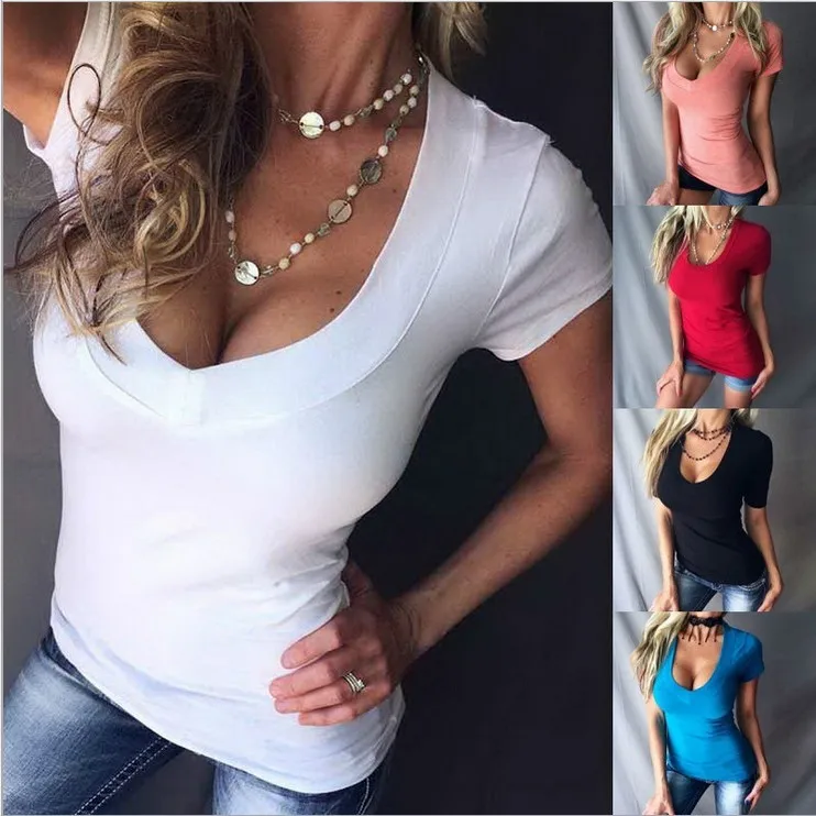 

European and American Sexy Solid Color Deep V-Neck Short-Sleeved T-Shirt Women's Explosive Bottoming Shirt