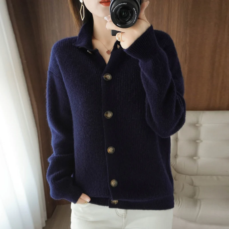 Ladies Sweater Lapel Thick Warm Pure Wool Cardigan Women's 2021 Autumn Winter New Large Size Loose All-Match Knitted Jacket