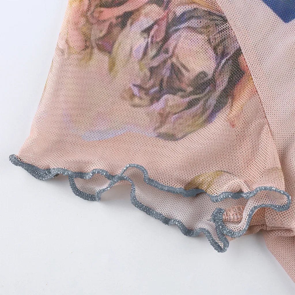 Summer 2020 Kawaii Mesh Crop Top Tshirt Greek Mythology Angel Print See Through Women Sexy Short Sleeve Ropa Mujer | Женская одежда
