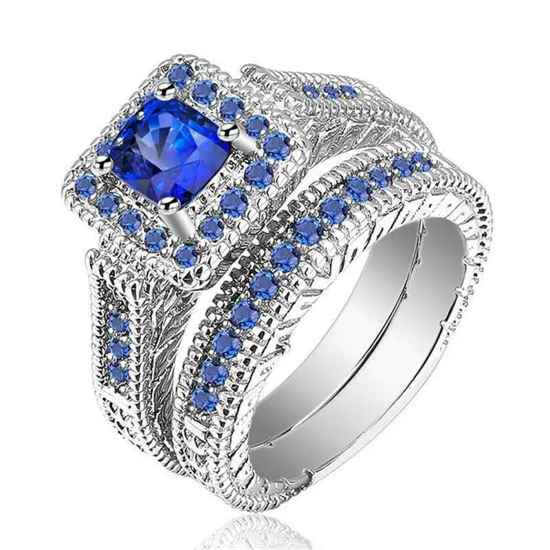 

2 Pcs/Set Milangirl Fashion Ladies Micro-inlaid Square Blue Zircon Light Luxury Ring For Women Wedding Jewellery Whole Sale