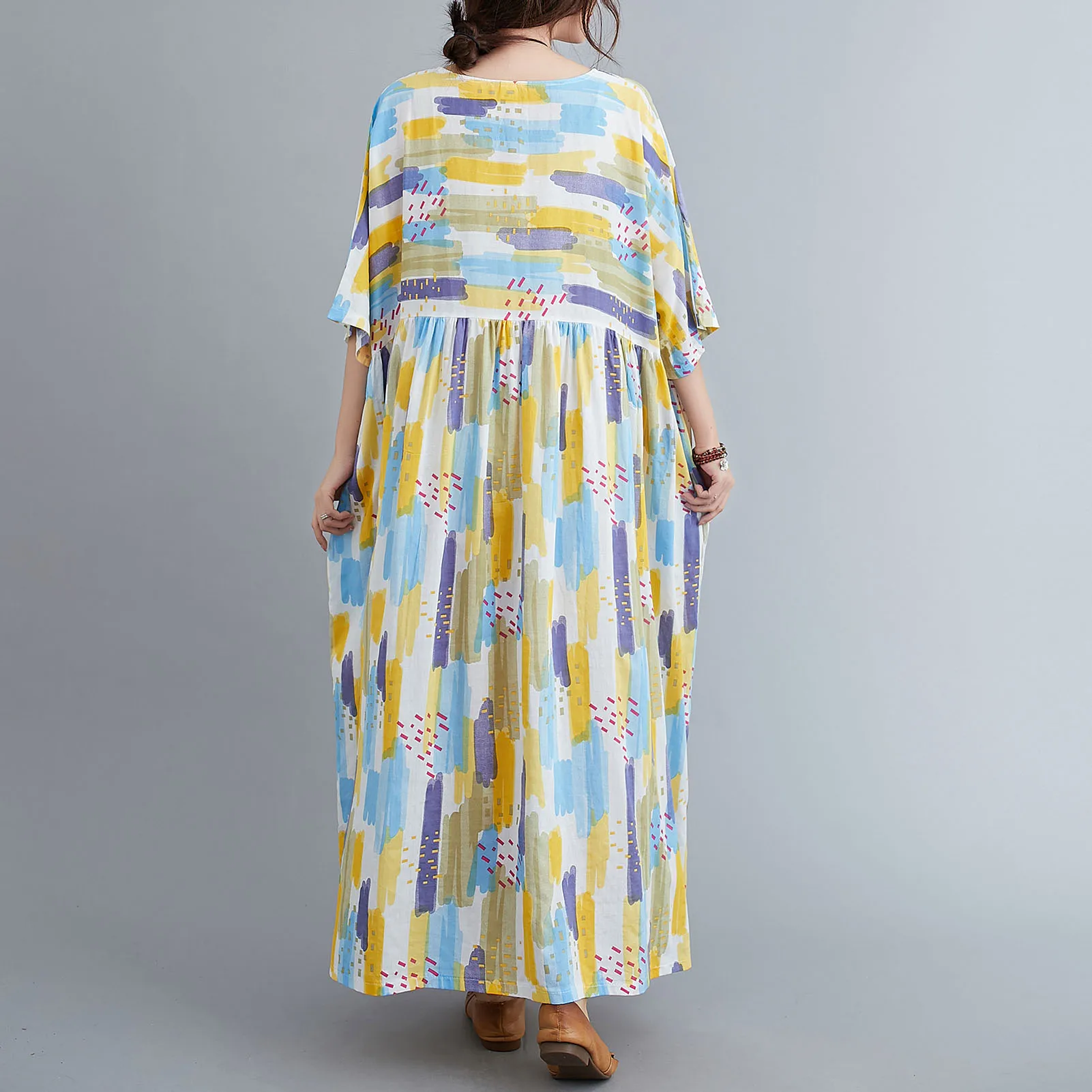 

Cotton & Linen Dress Women Summer Loose Vintage Boho Floral Print Pockets Half Sleeve Oversized Dresses Holiday Casual Robes