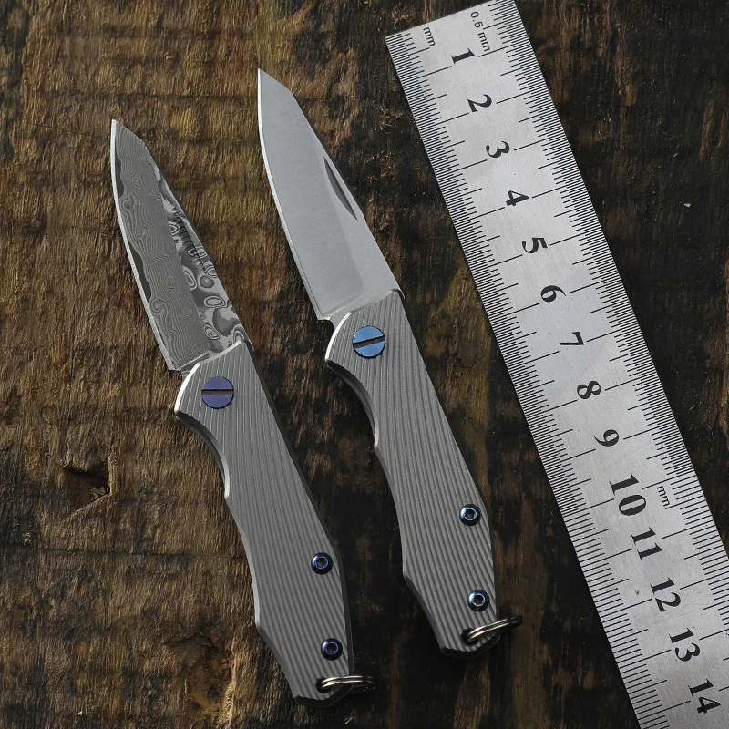 

Mini Outdoor EDC Folding Knife D2 steel Blade and Damascus Blade Pocket Knives Titanium handle Camping self-defense tool knife