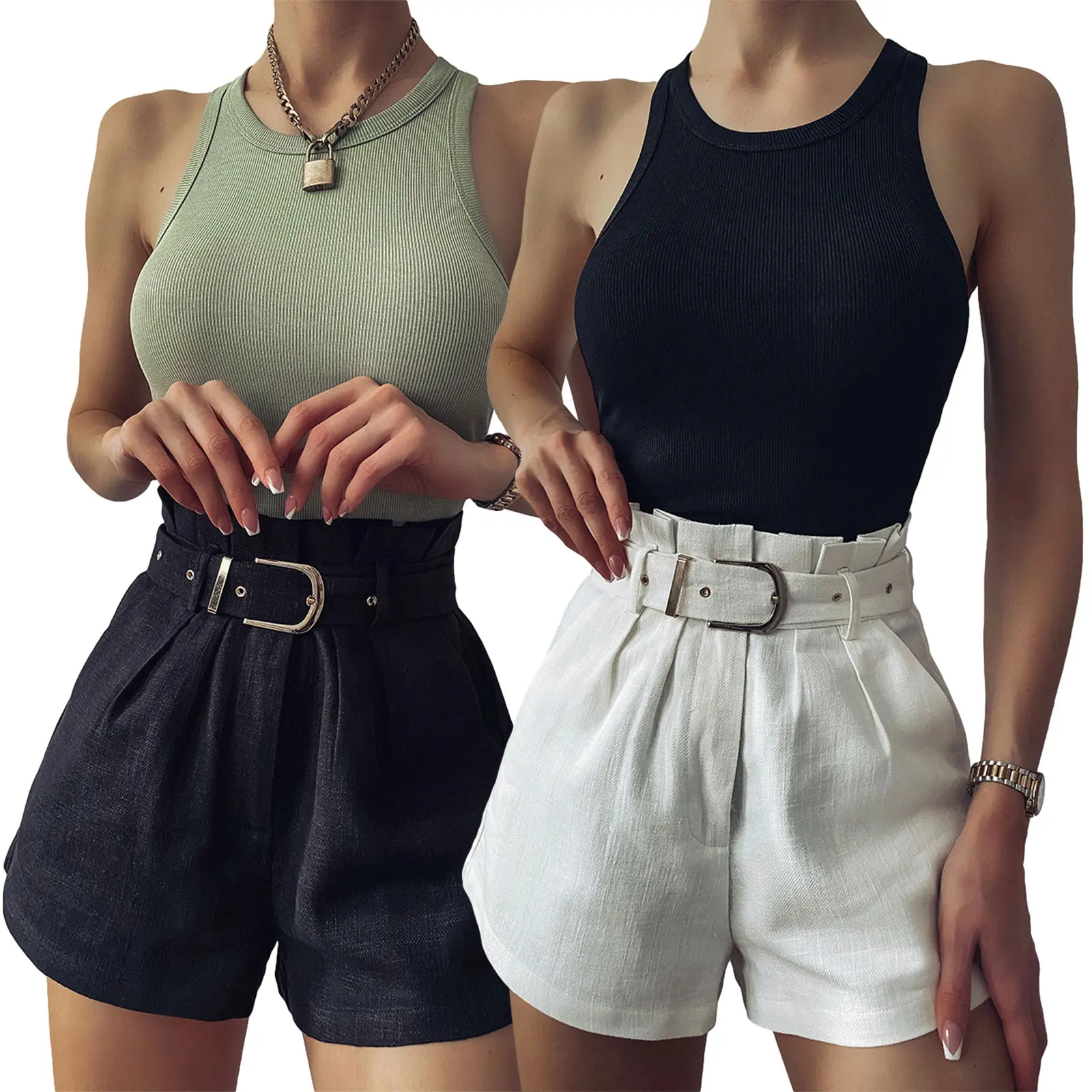 

Женские летние свободные короткие брюки с поясом, модные однотонные повседневные шорты с высокой талией