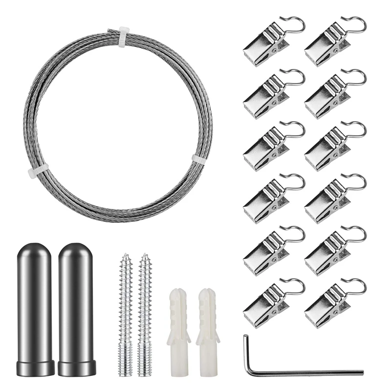 

Promotion! Curtain Drape Wire Rod Set with 12 Clips, Stainless Steel Picture Hanging Wire Clothesline Wire Multi-Purpose Set Han
