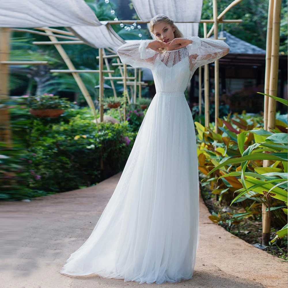 

Богемное Тюлевое белое свадебное платье принцесса кружевные с длинными рукавами трапециевидной формы с круглым вырезом аксессуары для жен...