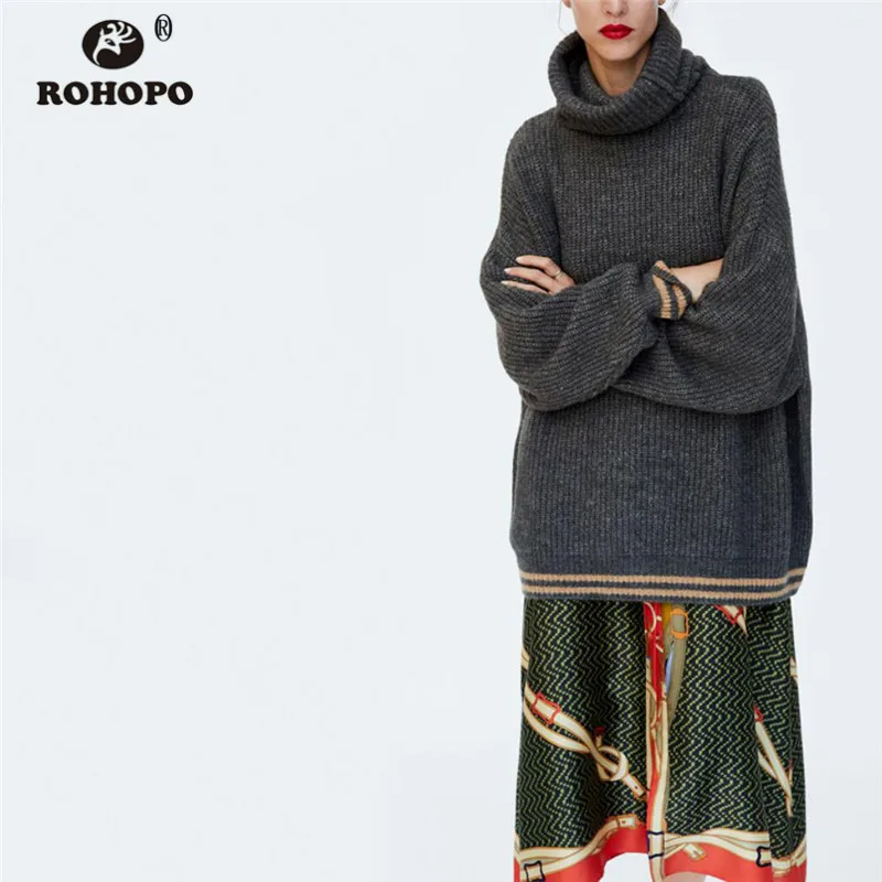 ROHOPO Scarf Collar Pullover Knitted Sweater Long Sleeve Striped Hem and Cuff Autumn/Winter Loose Sweaters #1826 | Женская одежда