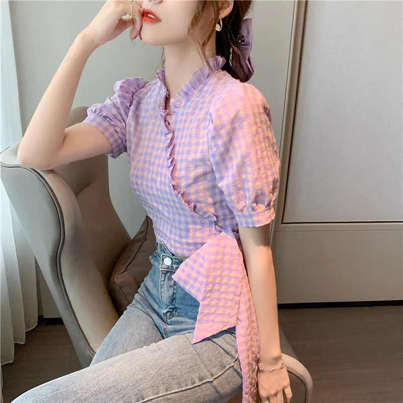 Блузка женская шифоновая с V-образным вырезом и рукавами-фонариками 2020 | Женская