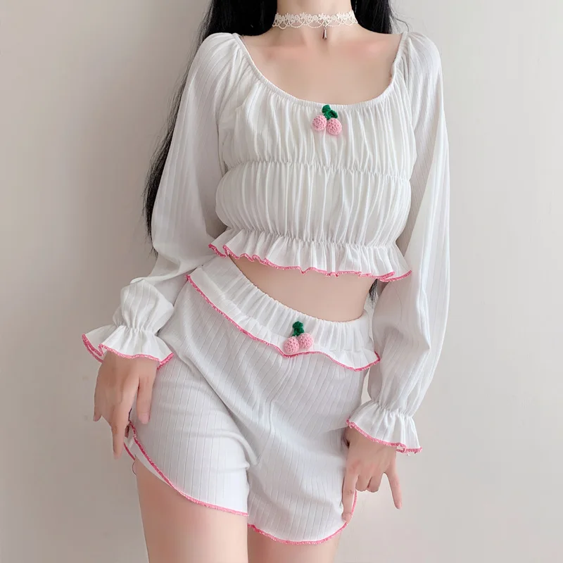 Cherry Girly Lace Sweet Homeware Suit Y2k Pajamas Pants Suits Women Kawaii Girl Spring Long Sleeve Crop Top Shorts Pajamas 2 pcs
