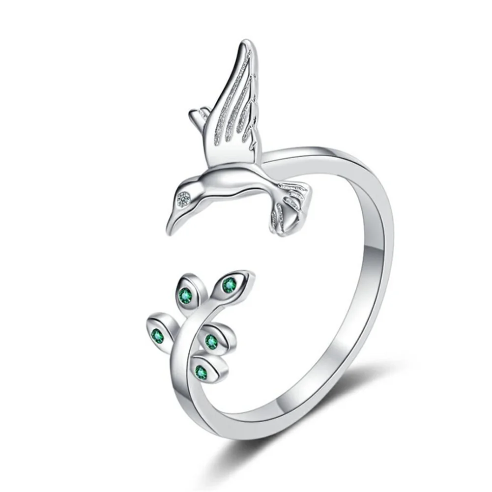 

Women's Resizable Open Ring Memory Branch Bird Leaf Zircon Silver Ring Wholesale