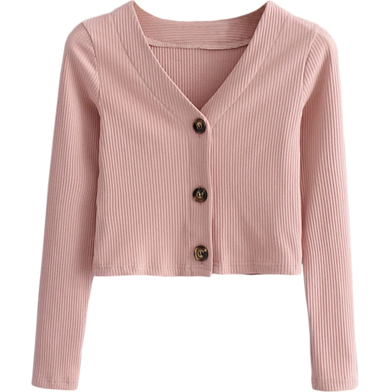 

Autumn New Sunken Stripe Knitted Small Top French Style Retro V-neck Midriff-Baring Knitted Sweater All-Match Three-Button Small