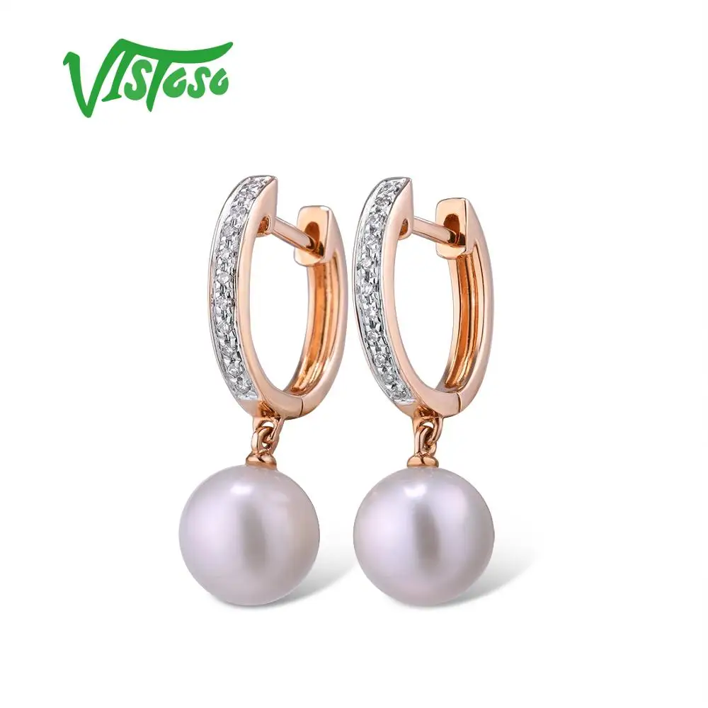 VISTOSO Pure 14K 585 розовое золото сверкающие бриллианты элегантные пресноводные жемчужные серьги для женщин уникальные модные свадебные ювелирные изделия