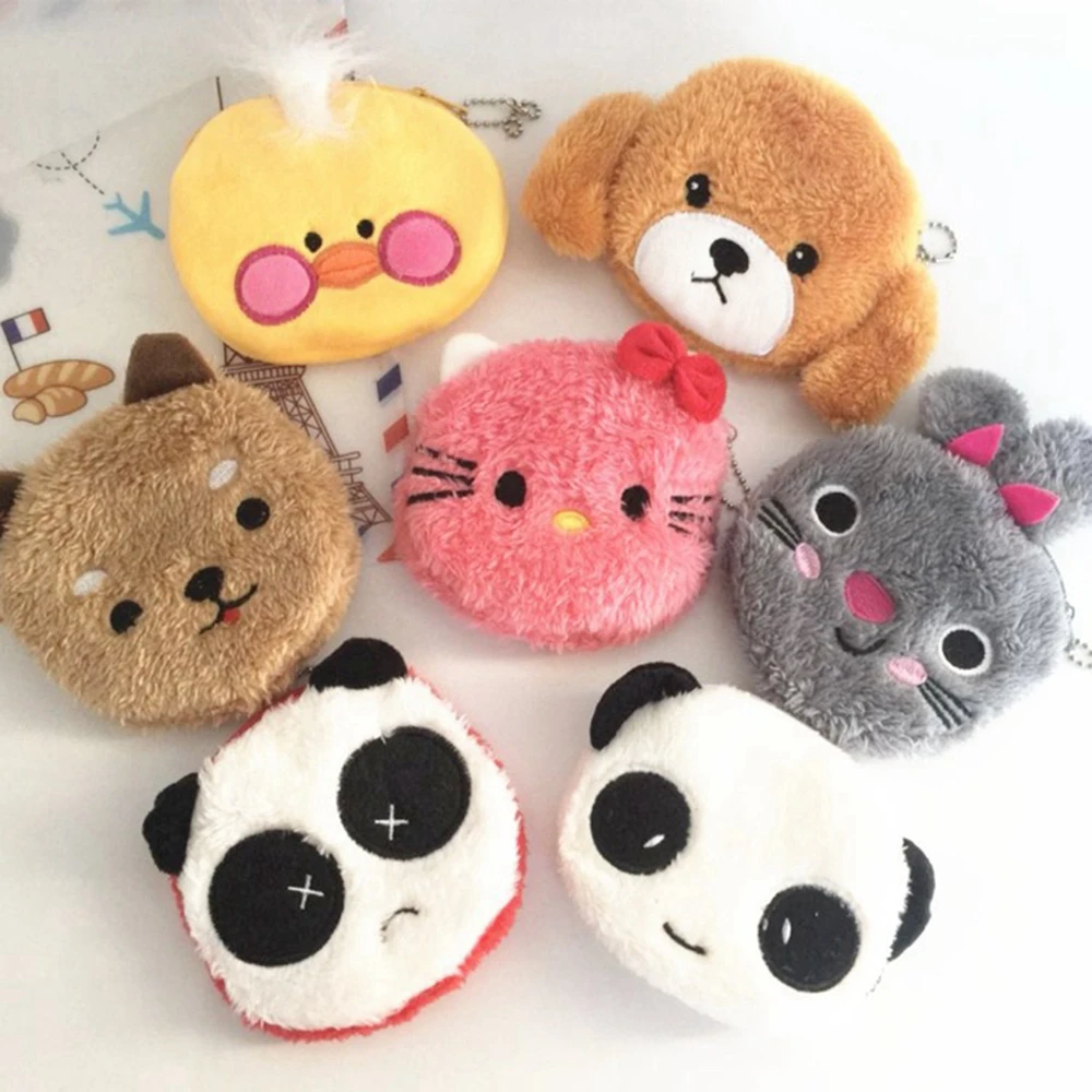 

Cartoon Plush Animals Coin Purse Cute Cat Fur Circle Wallet Girl Clutch Embroidered Bag Key Earphone Organizer Pouch Kids Gift