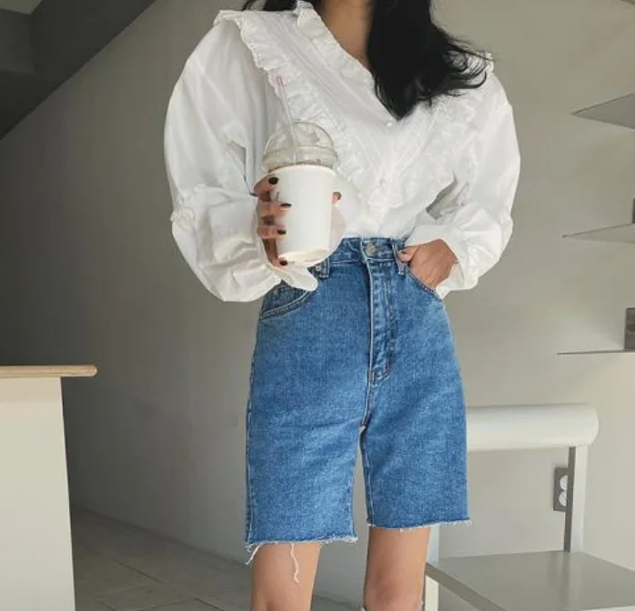 

Casual Summer Half Denim Shorts for Women High Waist Loose Pockets Female Straight Jeans Shorts Ladies Streetwear