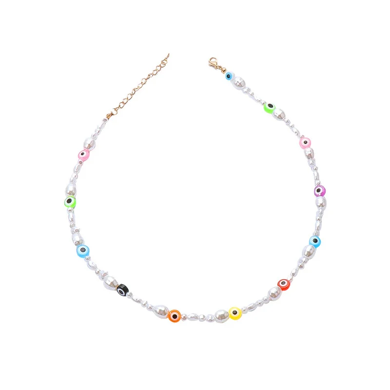 

Minar Bohemia Rainbow Evil Eye Polymer Clay Charm Necklace for Women Lady Summer Simulated Pearls Beaded Necklace Beach Jewelry