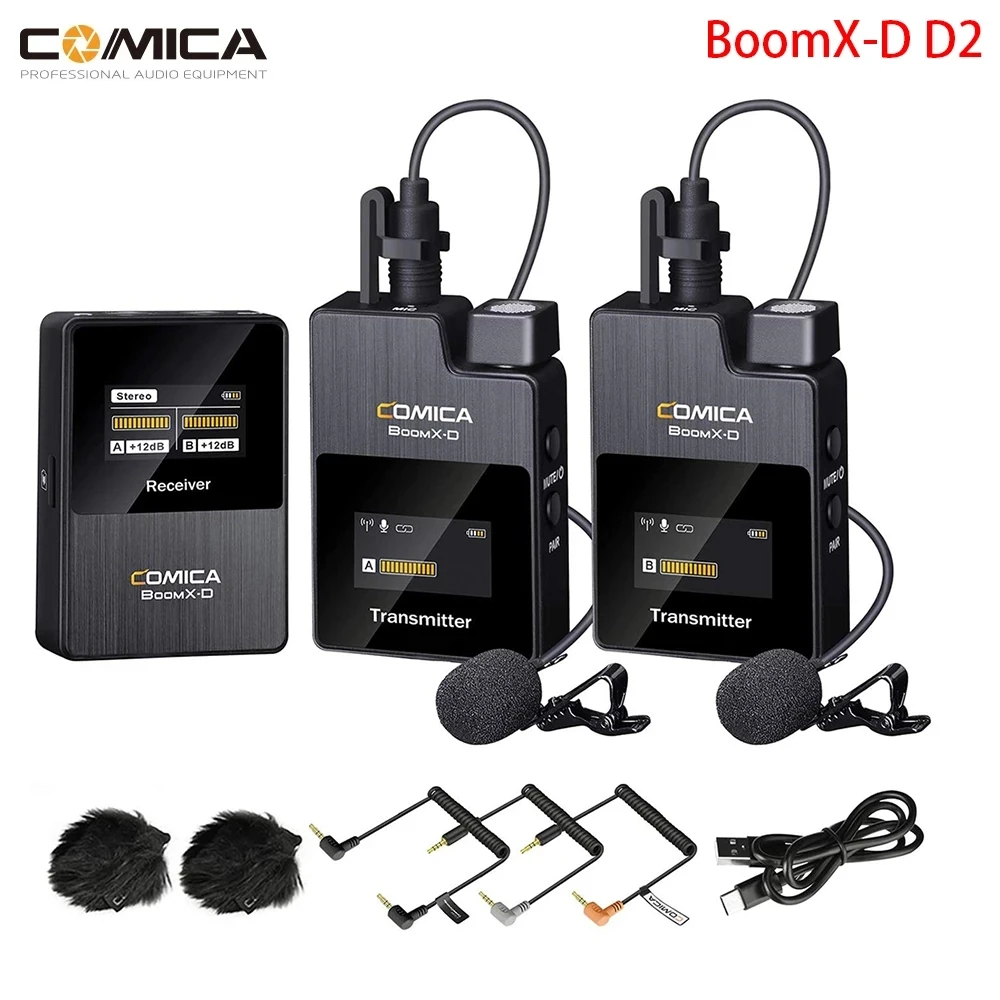 

Instock COMICA BoomX-D D1 D2 UC1 UC2 2.4G Digital 1-Trigger-2 Wireless Microphone with Transmitter & Receiver Clip-on Microphone