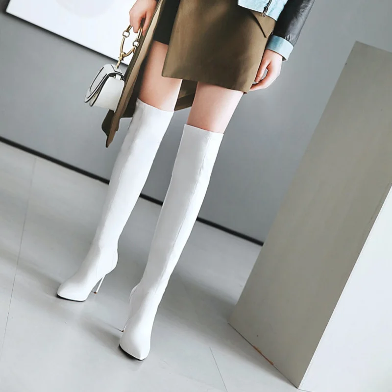 

Women's Winter Pointed Toe Thigh High Boots PU Leather High Heels Sexy Over The Knee Female's Boots Plus Size Knight Booties