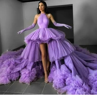 purple ball gown prom dresses chic illusion tiered ruffles party sexy halter tulle saudi arabic formal evening