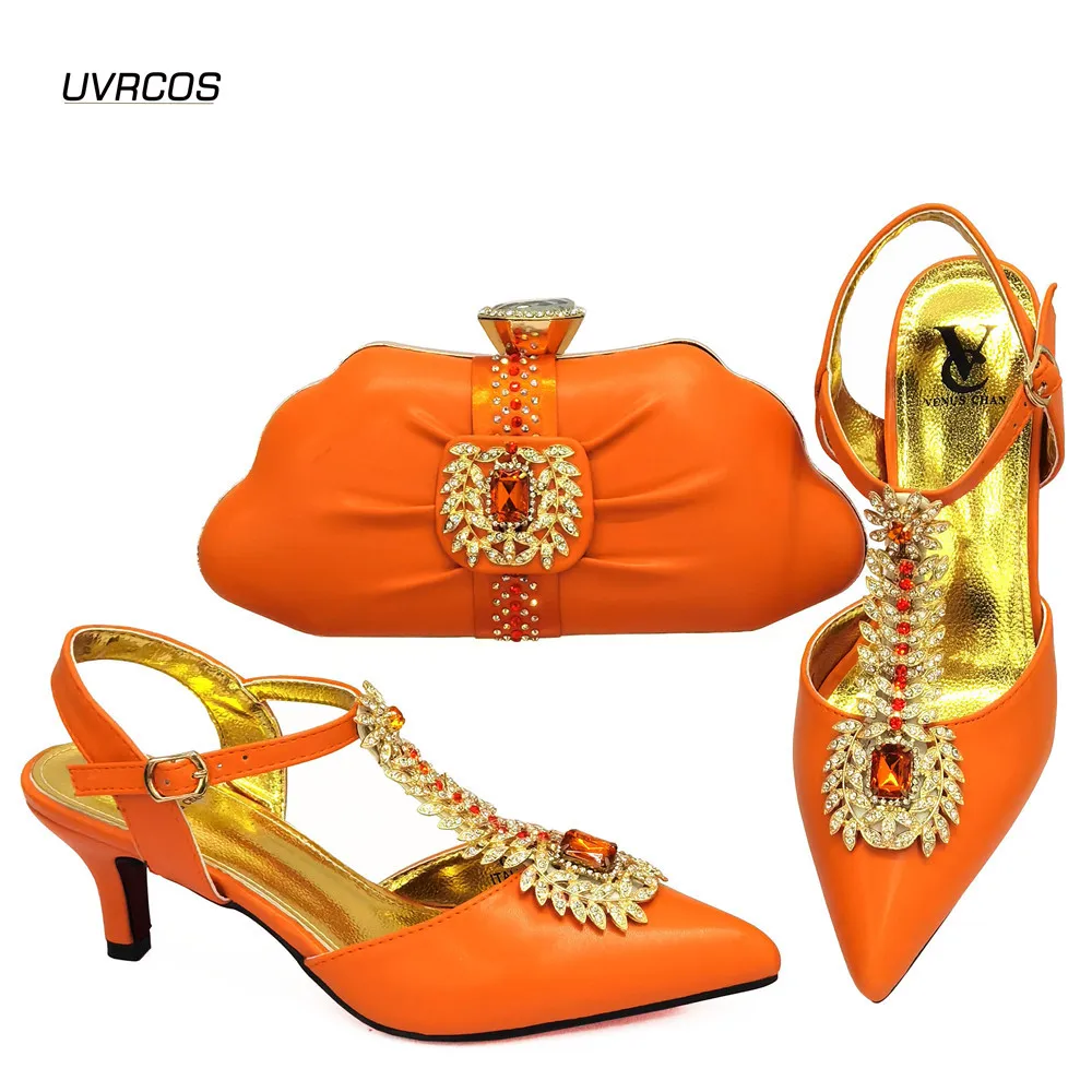 

Африканская обувь и подходящие сумки оранжевого цвета, Женская итальянская дизайнерская обувь с сумкой, набор украшенной нигерийской обув...