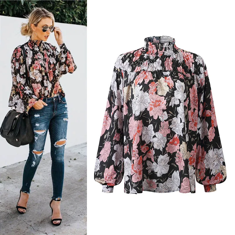 Модный с цветком с пышными рукавами блузки для женщин Boho шифоновая блузка офисные женские шорты с цветочным принтом Женская туника блуза-рубашка