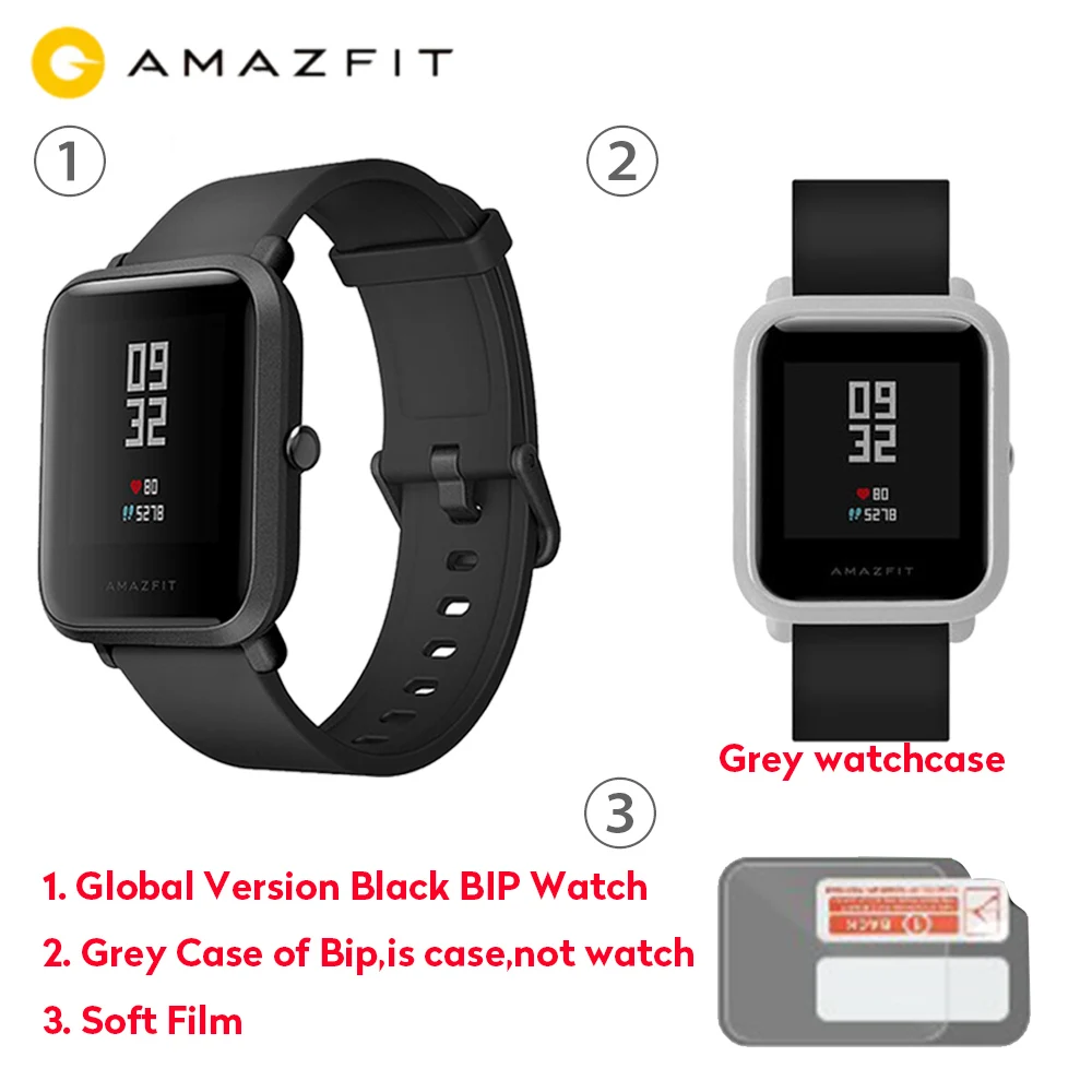 Black add Grey Case Официальные Смарт-часы Amazfit Bip, gps, умные часы, 45 дней в режиме ожидания, монитор сердечного ритма, будильник, вибрация, IP68, водонепроницаемые, напоминание о звонках - Цвет: Black add Grey Case