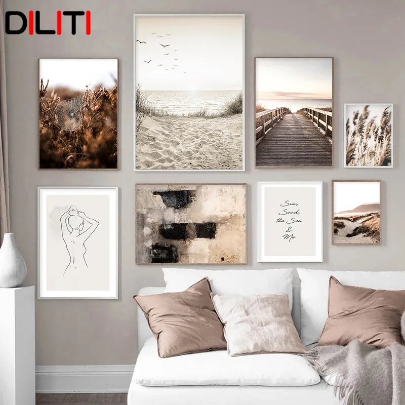

Nature Seaside Landscape Beige Canvas Painting Wooden Bridge Beach Wall Art Poster Nordic Sunset Print Pictures Home Decor