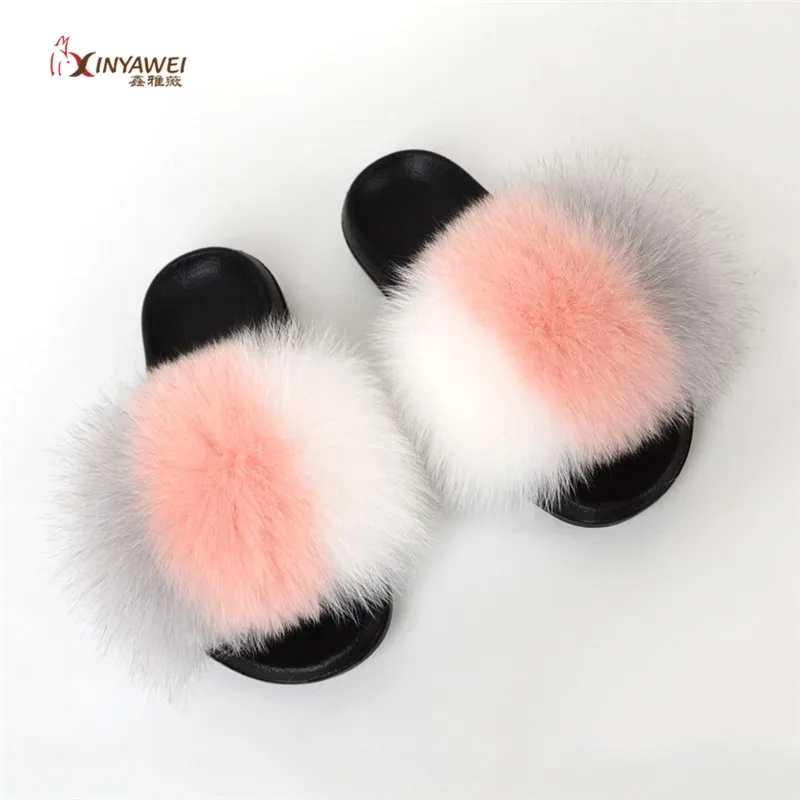 Шлепанцы женские из натурального Лисьего меха радужные меховые сланцы