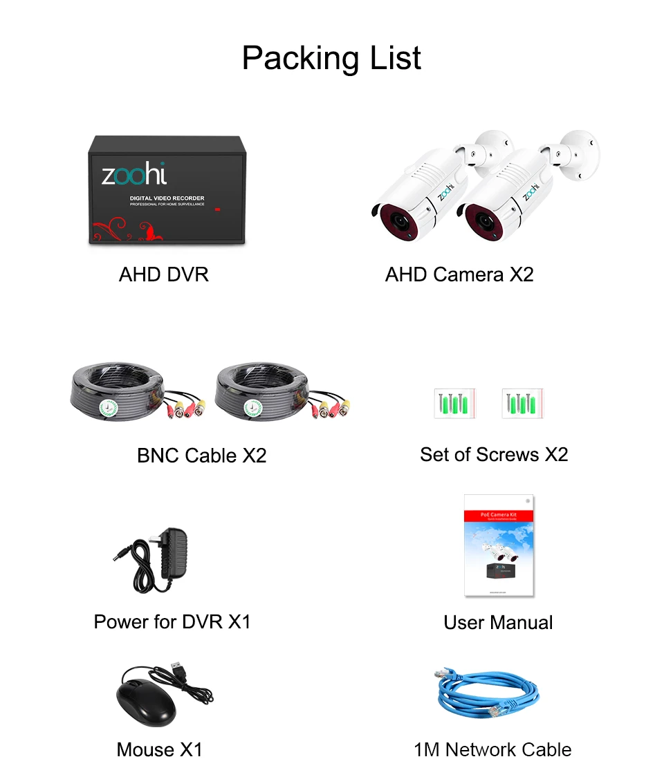 Zoohi 2CH 720 P/1080 P AHD Камера видеонаблюдения комплект P2P HDMI H. 264 DVR система видеонаблюдения Водонепроницаемая наружная камера безопасности комплект