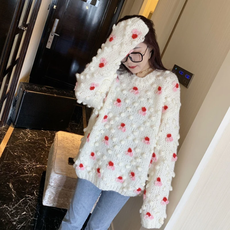 2020 New Fall Winter Loose Sweater Women O-Neck Handmade Woolen Ball Flowers Long Sleeve Casual Pullovers Knitwear Jumper Female | Женская