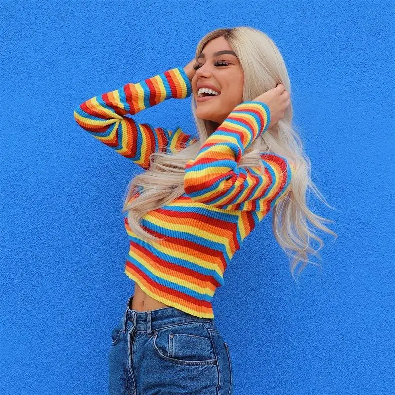 

Spring Slim-Fit All-Match Long-Sleeved Color Striped Slim-Fit Sweater Women's Turtleneck Sweater Bottoming Shirt Top