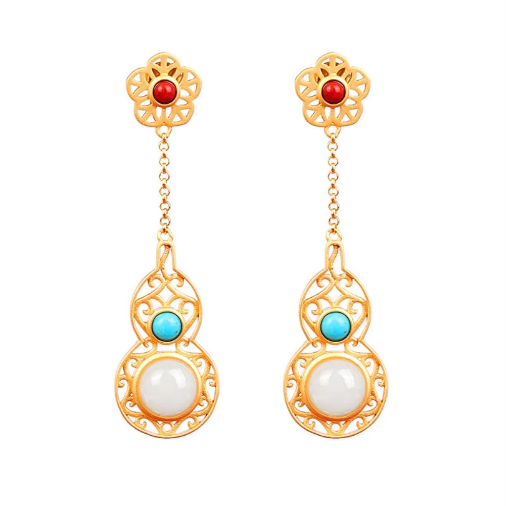 

Fashion Sterling S925 Silver Drop Earrings Retro Gold Plated Dangle Earrings Gourd with Kallaite for Women Chinese Style 7425-6
