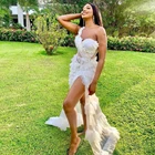 Женское вечернее платье с открытым плечом, белое Тюлевое платье с оборками в несколько рядов, длинное платье для выпускного вечера, женское платье с разрезом сбоку