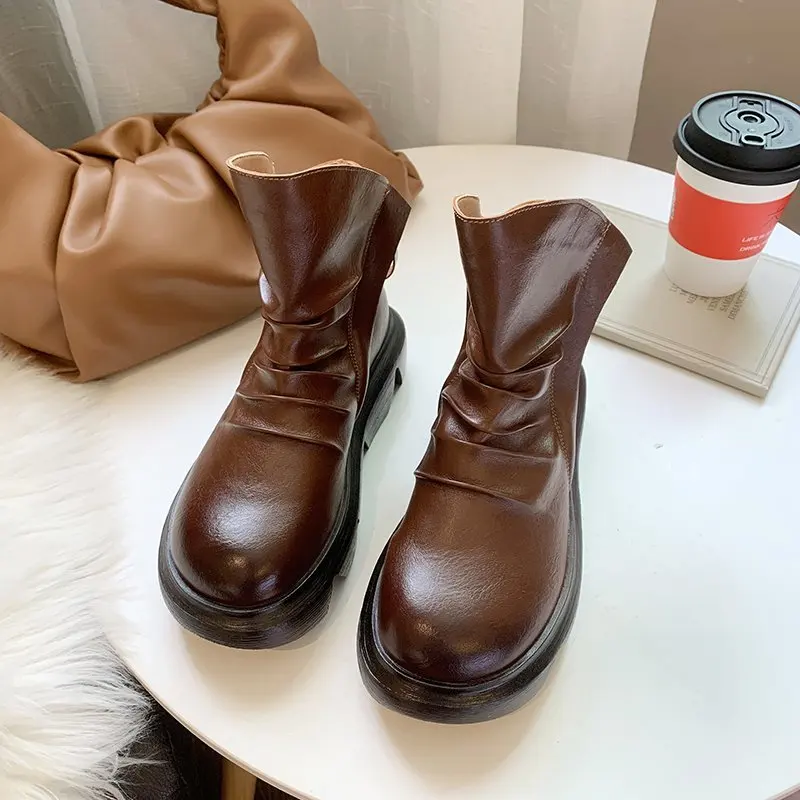 

Heighten boots women plus velvet soft-soled boots 2021 new fashion leather boots autumn and winter soft leather Martin boots