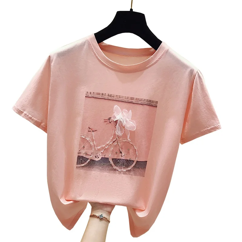 

Korea Style Fashion casual T-shirt Women Tops Cotton Short Sleeve Appliques White Tshirt Women Summer Top Pink Tee Shirt 2020