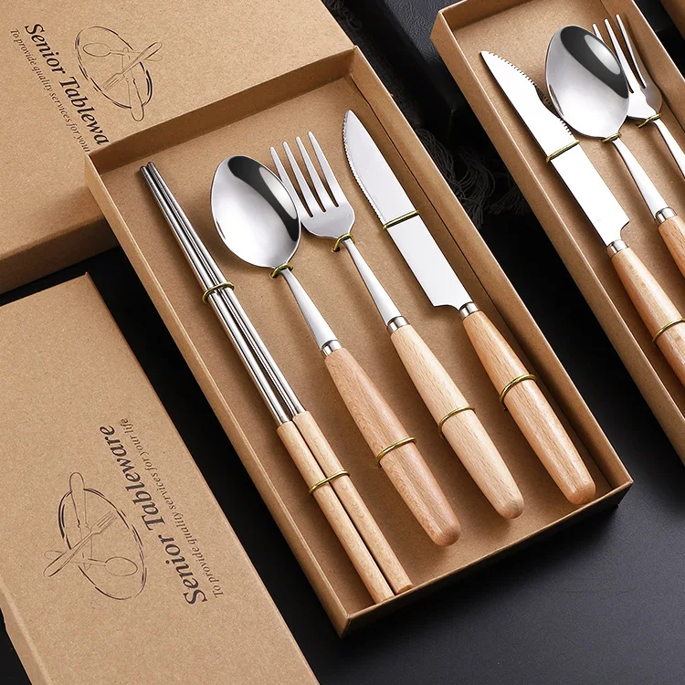 

Wooden handle tableware portable set steak knife fork spoon three piece stainless steel chopsticks four