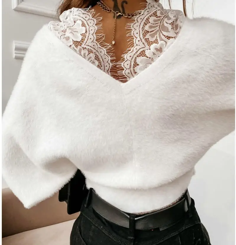 

Sexy Patchwork Flannel Sweater Lace High Waist V-neck Pullover Nightclub Club Winter Comfort Sweaters for Women 2021
