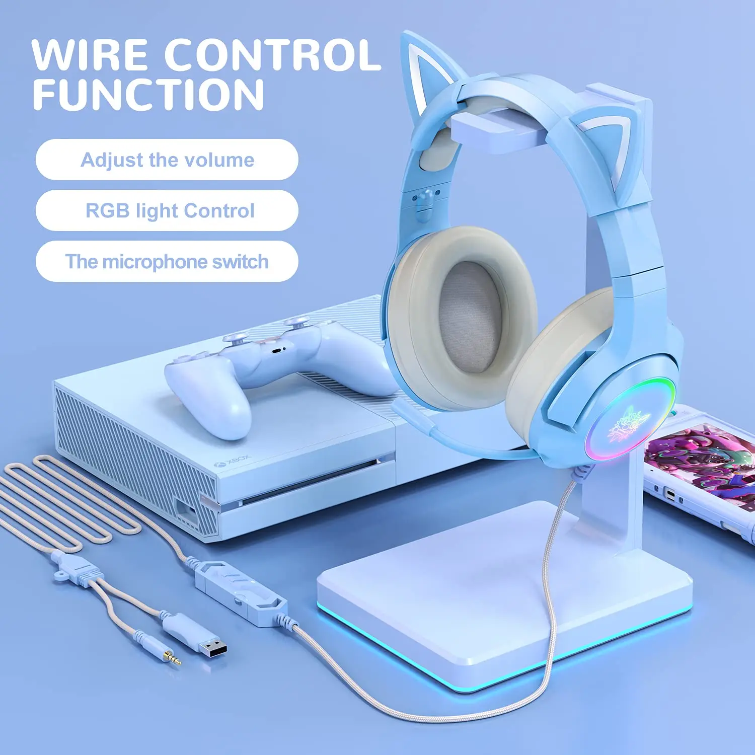 （Original Box）Onikuma K9 Blue Cute Cat Ear Headphone with Mic Gaming Headset Noise Cancelling Game Led Light for FPS Gamer