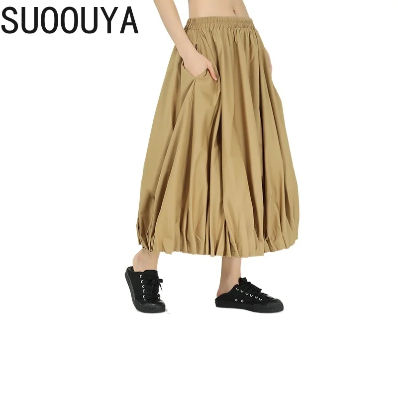 

[SUOOUYA] Women High Elastic Waist Khaki Pleated Stitch Temperament Bud Half-body Skirt Fashion Tide New Spring Autumn 2021