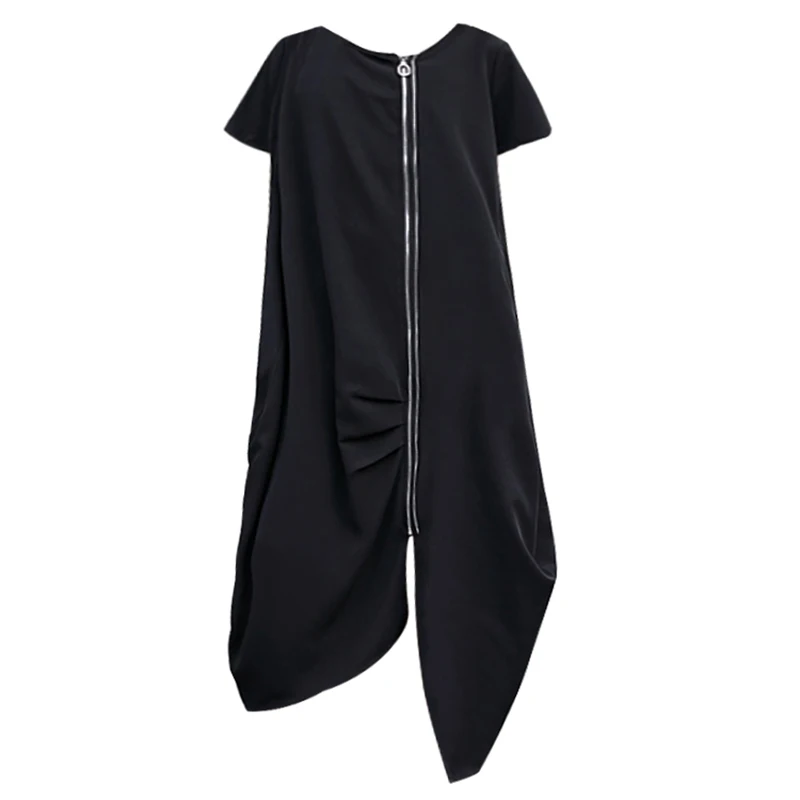 

CHICEVER Spring Patchwork Zipper Women Black Dress O Neck Short Sleeve Asymmetrical Hem Loose Plus Size Dresses 2021 New Tide